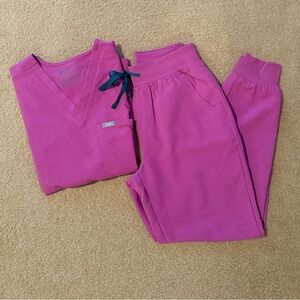 Figs High Waisted Bright Fuchsia Scrub Set